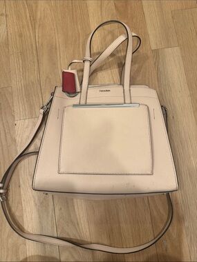Calvin Klein Beige Saffiano Tote with Red Tag Accent